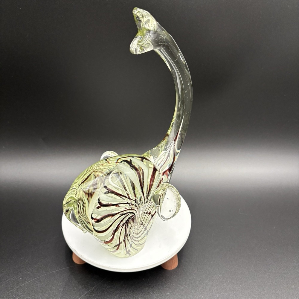 Hand blown Art Glass Elephant Figurine Paperweight‎ Trunk Up 11" Brown White Vtg